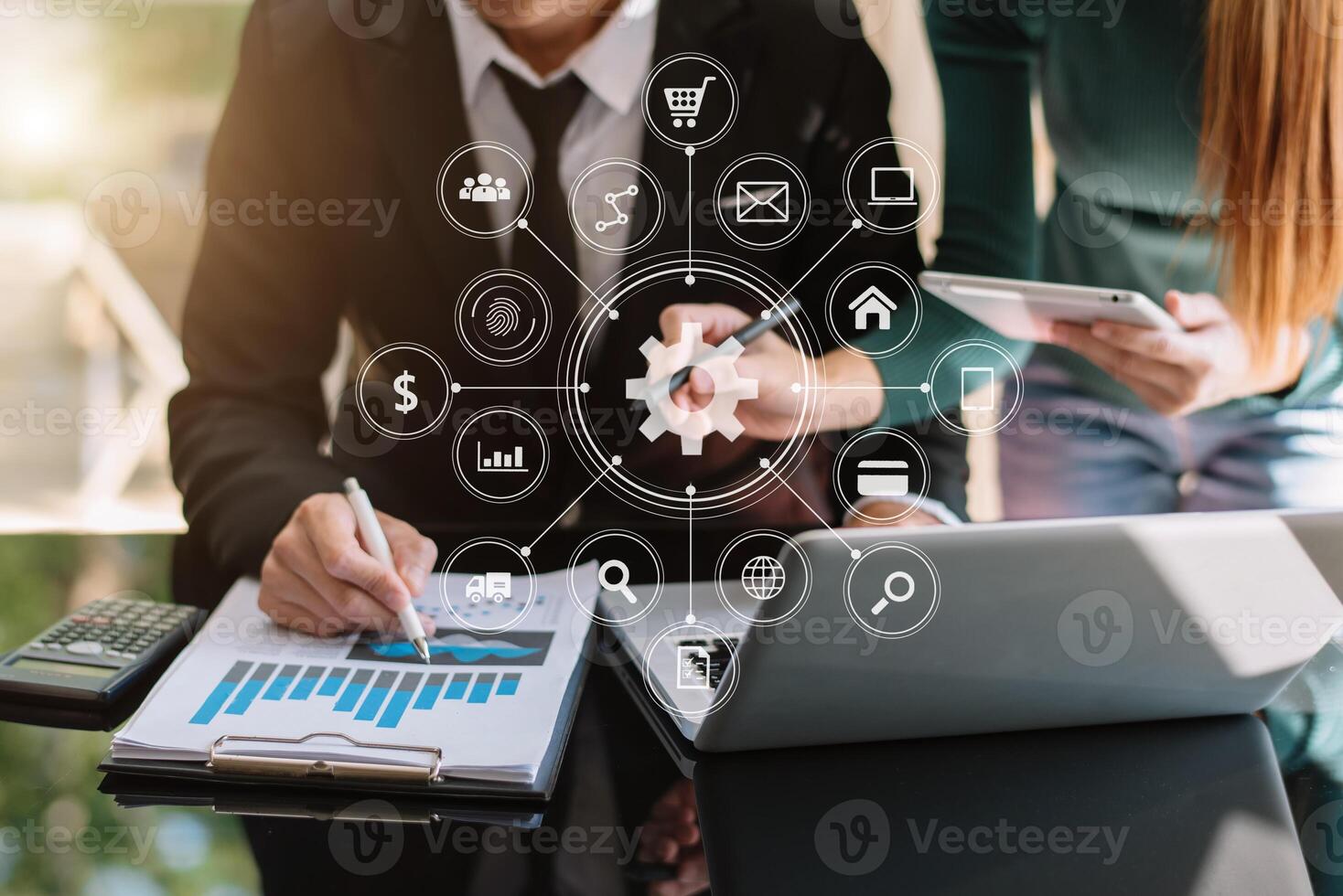 Business team partnership meeting concept. Business hand using laptop, tablet and smartphone  in office. Digital marketing media mobile app in virtual icon photo