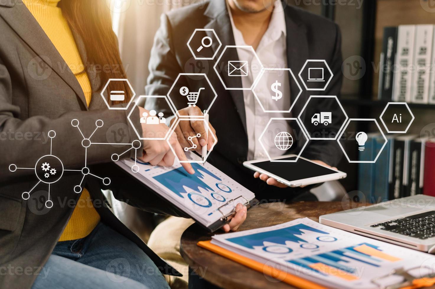 business using laptop and digital tablet with marketing  virtual icon photo
