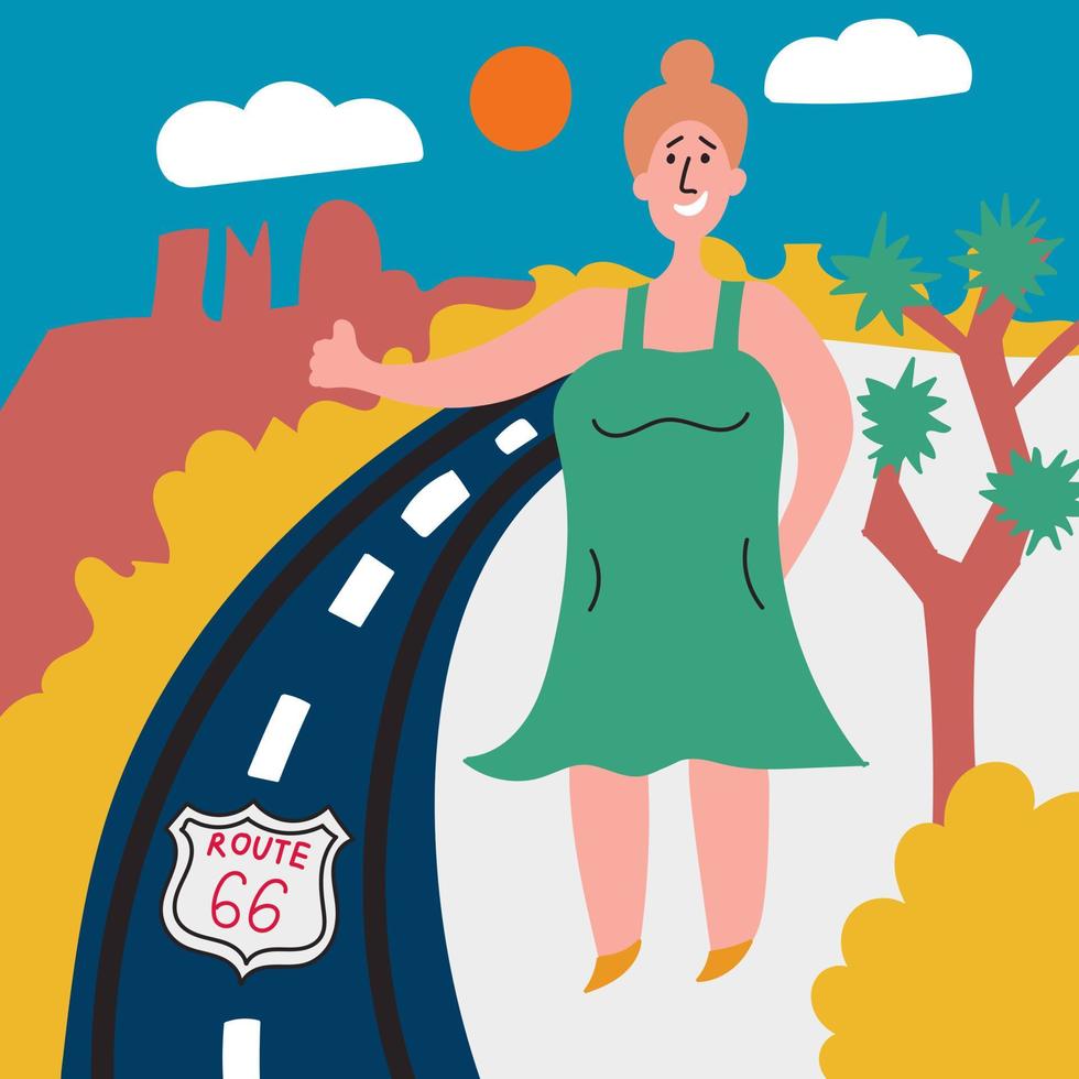 Fat girl votes on highway 66 in the USA. Hitch-hiking. Journey through America vector