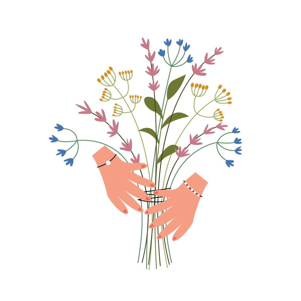 ramo de flores silvestres en las manos. cosecha de hierbas. medicina alternativa alternativa. presentación de un regalo floral vector