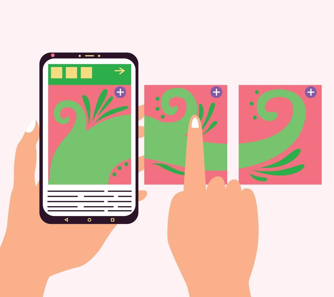 Carousel post in the center of the phone. Hand flips through the posts in the social network on the smartphone screen vector