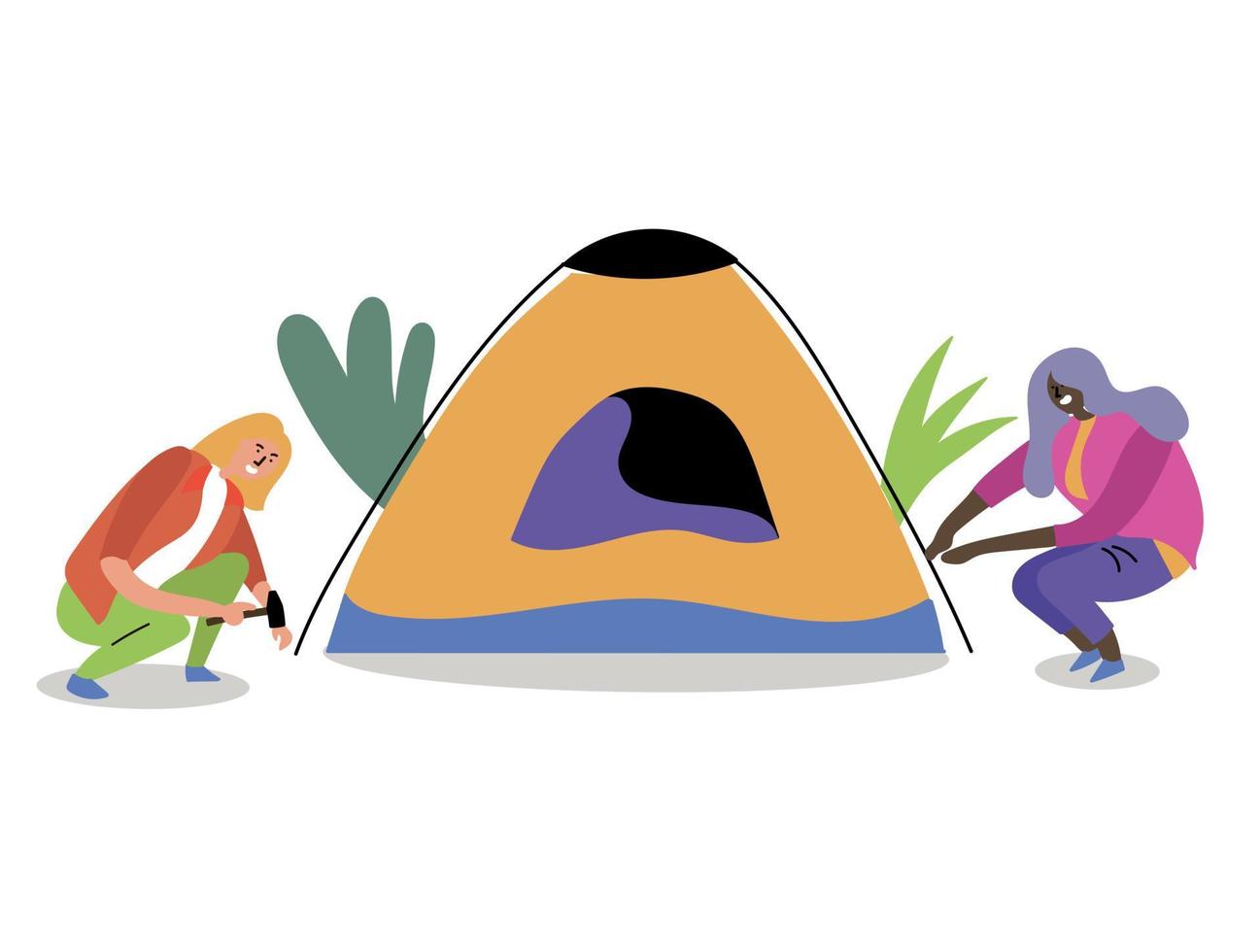 Two girls set up a tent. Summer hike in the forest. Inspire to travel vector