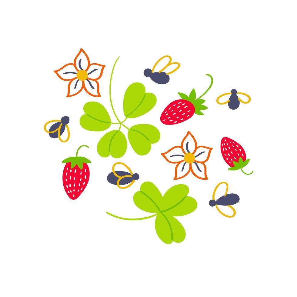 Print for t-shirt midges strawberry flowers and leaves vector