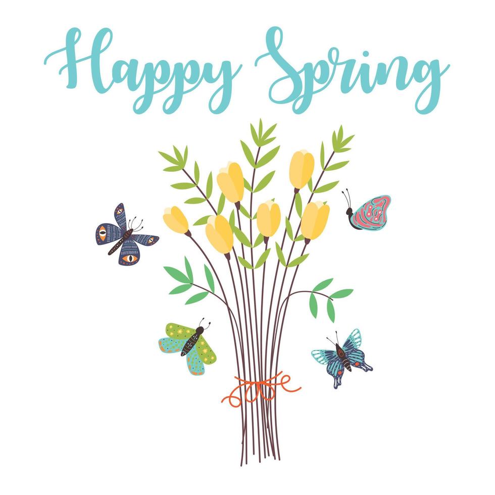 Bouquet with butterflies and lettering happy spring vector