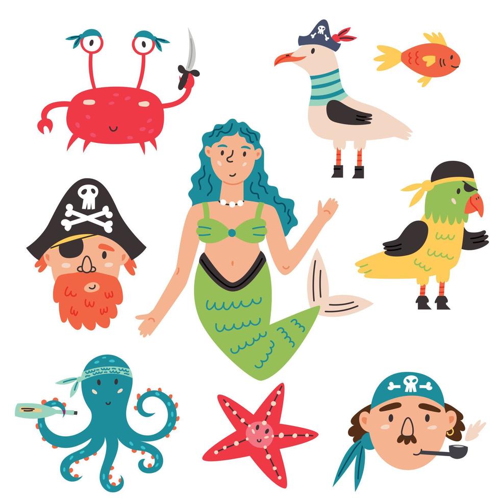 Bundle Set Pirate character in cartoon hand drawn style vector