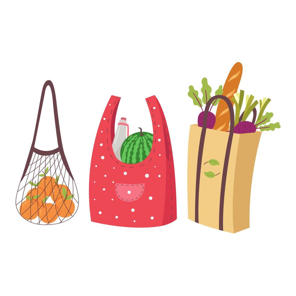 conjunto de bolsas de comestibles ecológicas vector