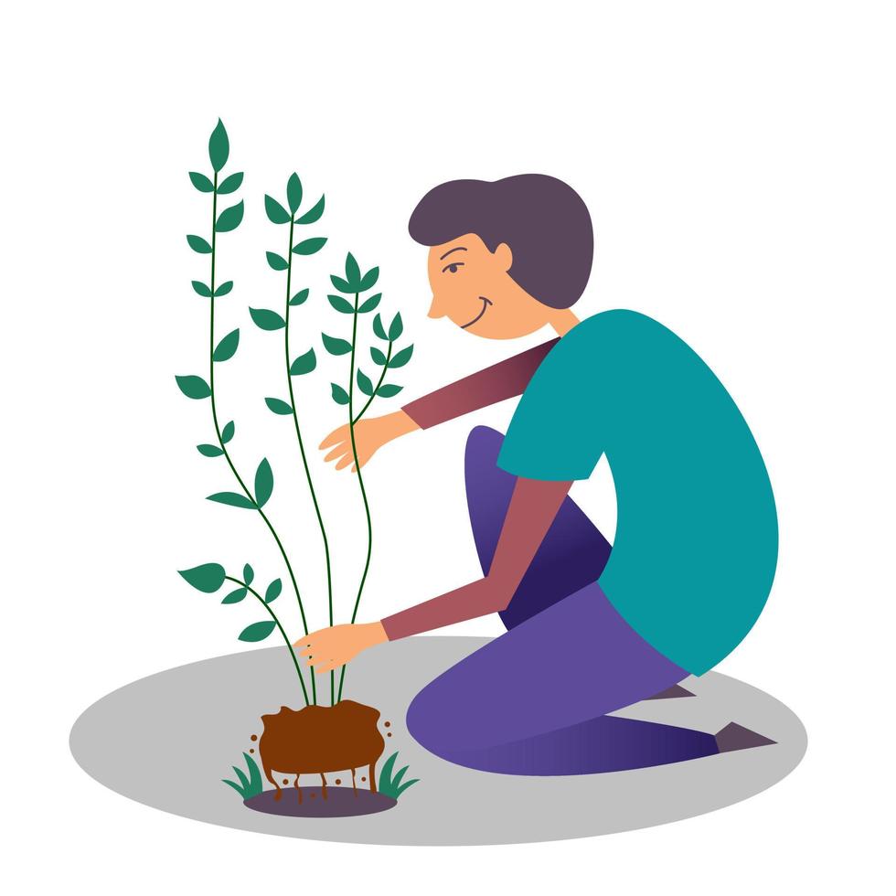 A boy is planting a new seedling of a tree. A manifestation of kindness to nature vector