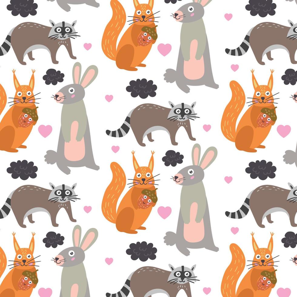 Pattern forest animals squirrel raccoon hare vector