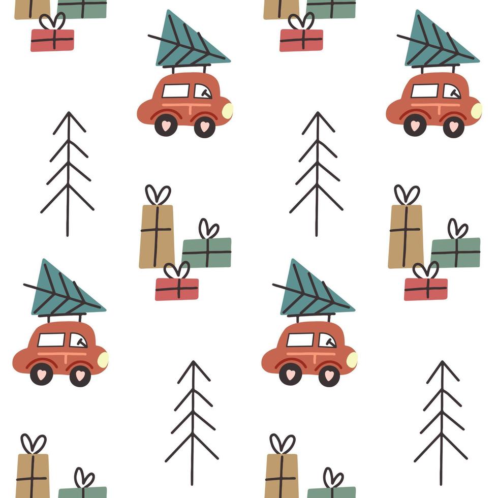 Seamless pattern of cars transporting Christmas trees vector