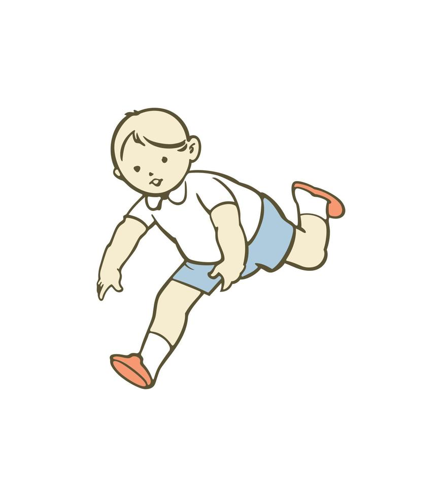 Cute boy in a white shirt and blue shorts is jumping, running. vector