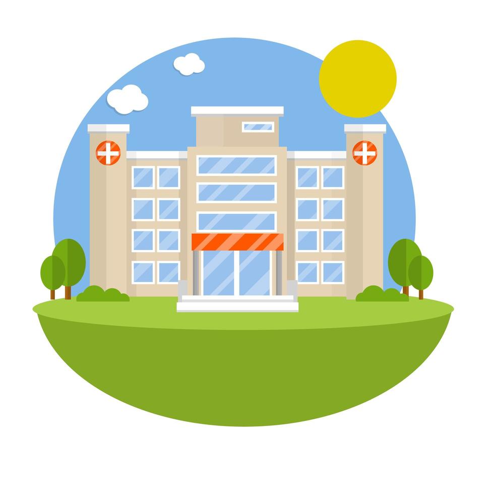 Hospital with medical symbol on facade. Clinic for treatment of patients. vector