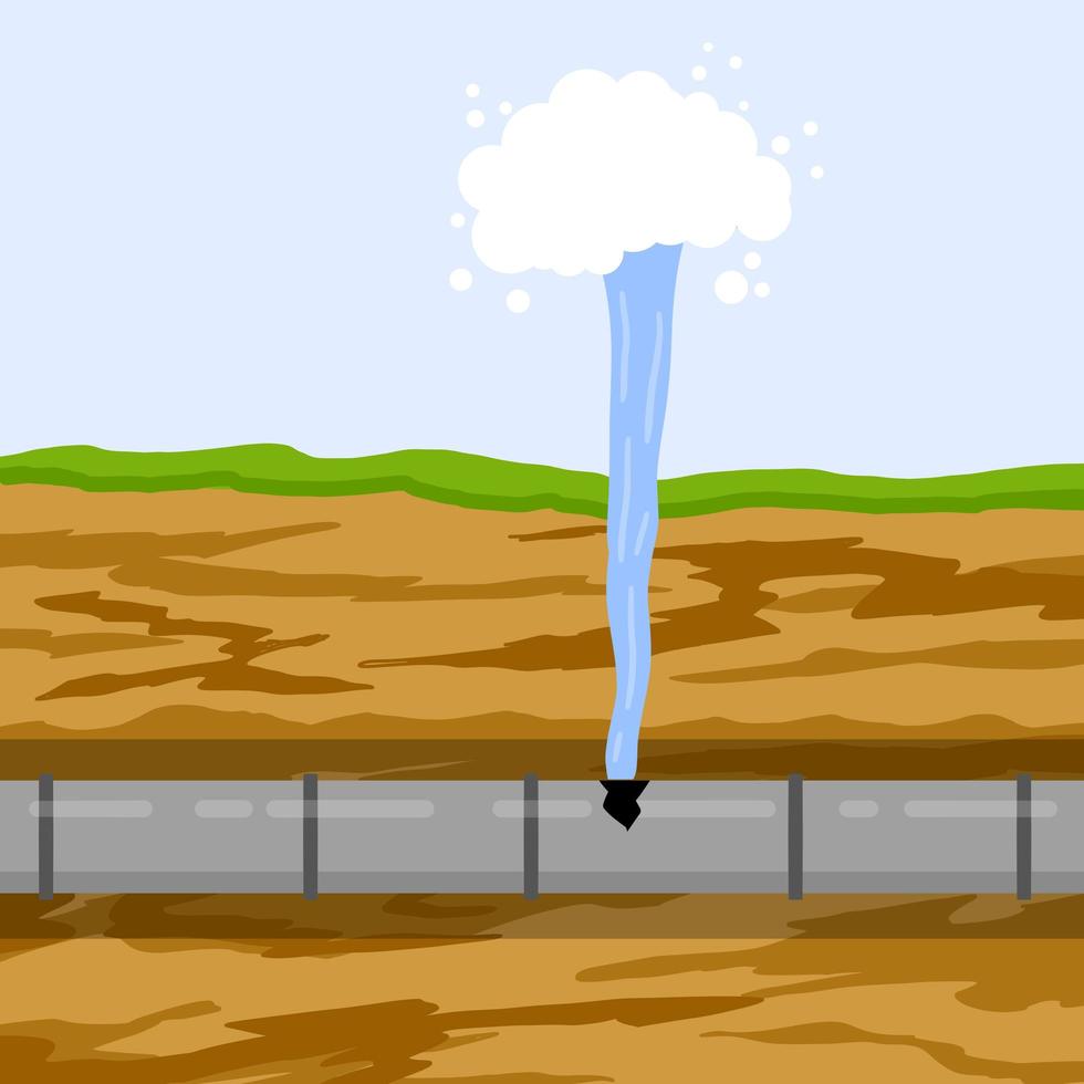 Pipeline in underground. Breakthrough and leaking. Sewage system. vector