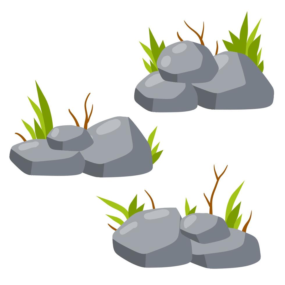 conjunto de piedras. adoquines grises y arbustos. vector