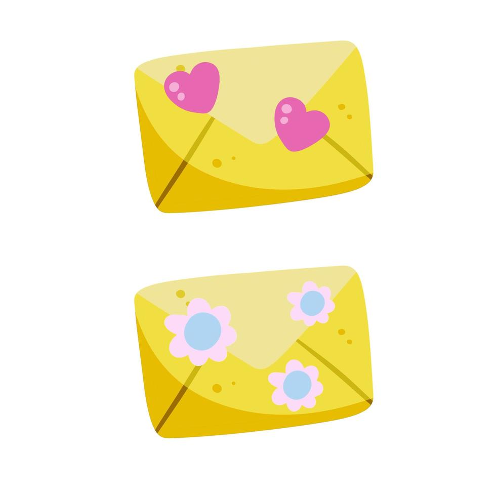 Letter. Cute yellow envelope with a message and mail with flower and heart vector