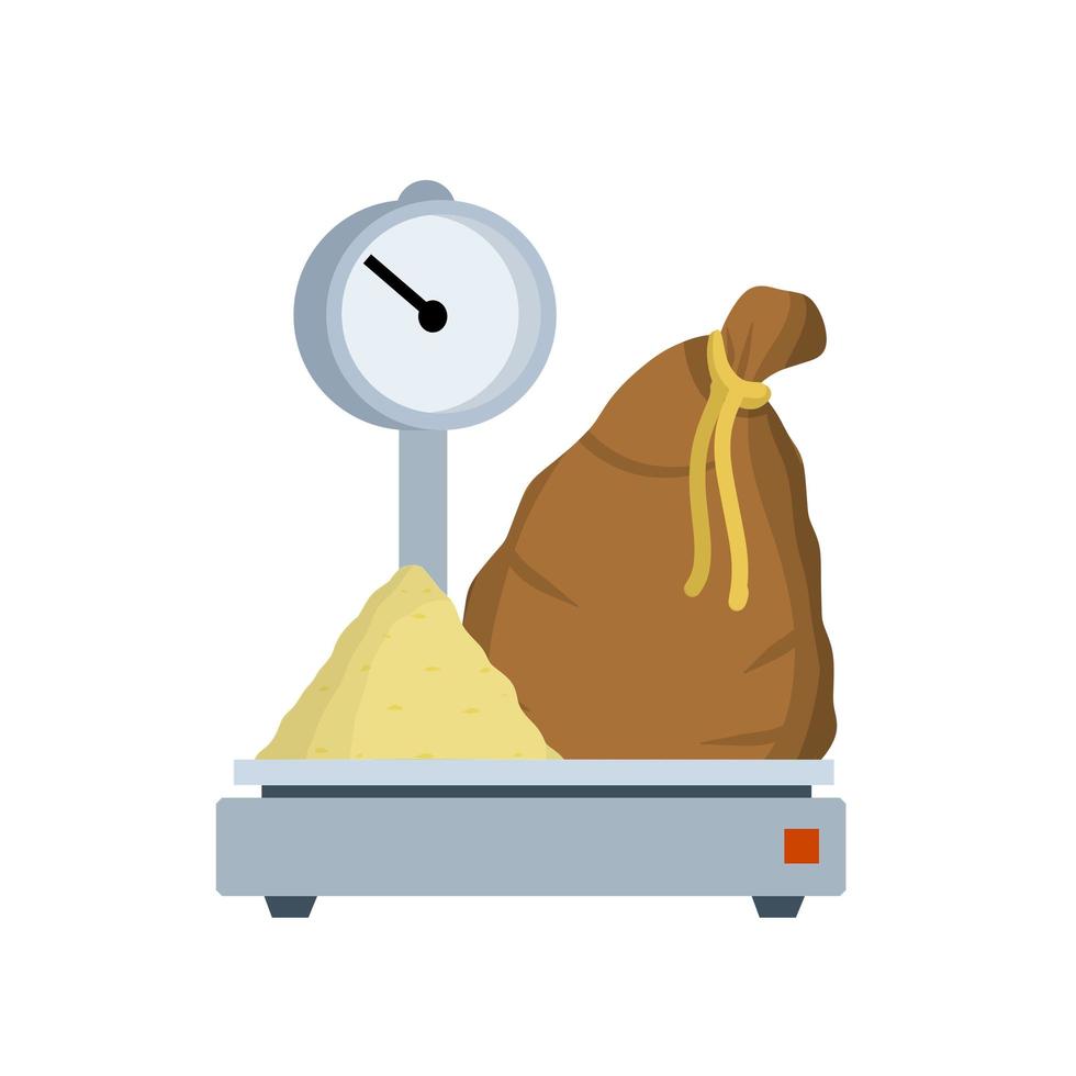 Bag on scale. Weighing of loose goods, flour and grain. vector