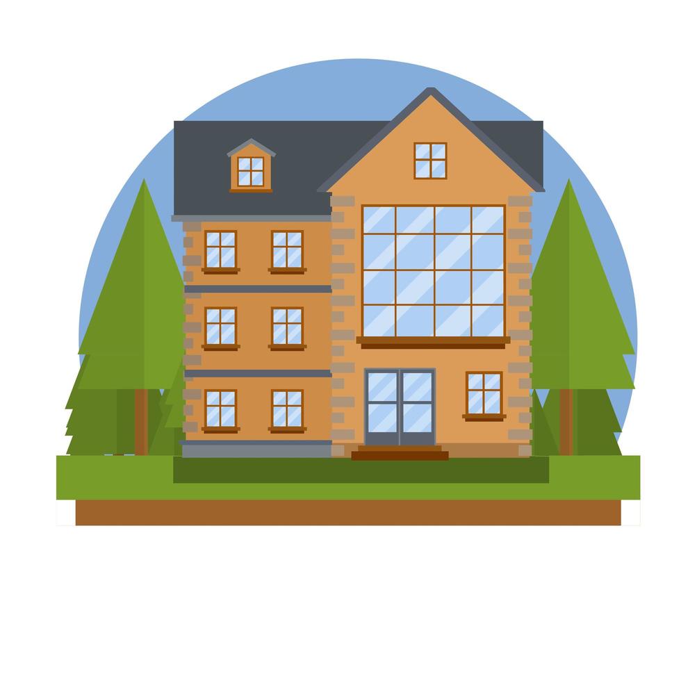 Cozy suburban house. Small town and white house. Building with Blue roof. vector