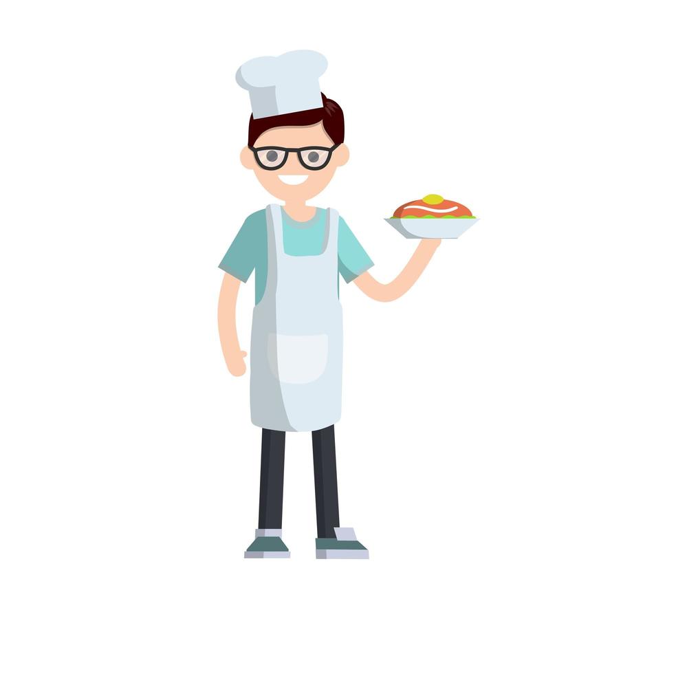 Chef in white apron and cap with plate of food. vector