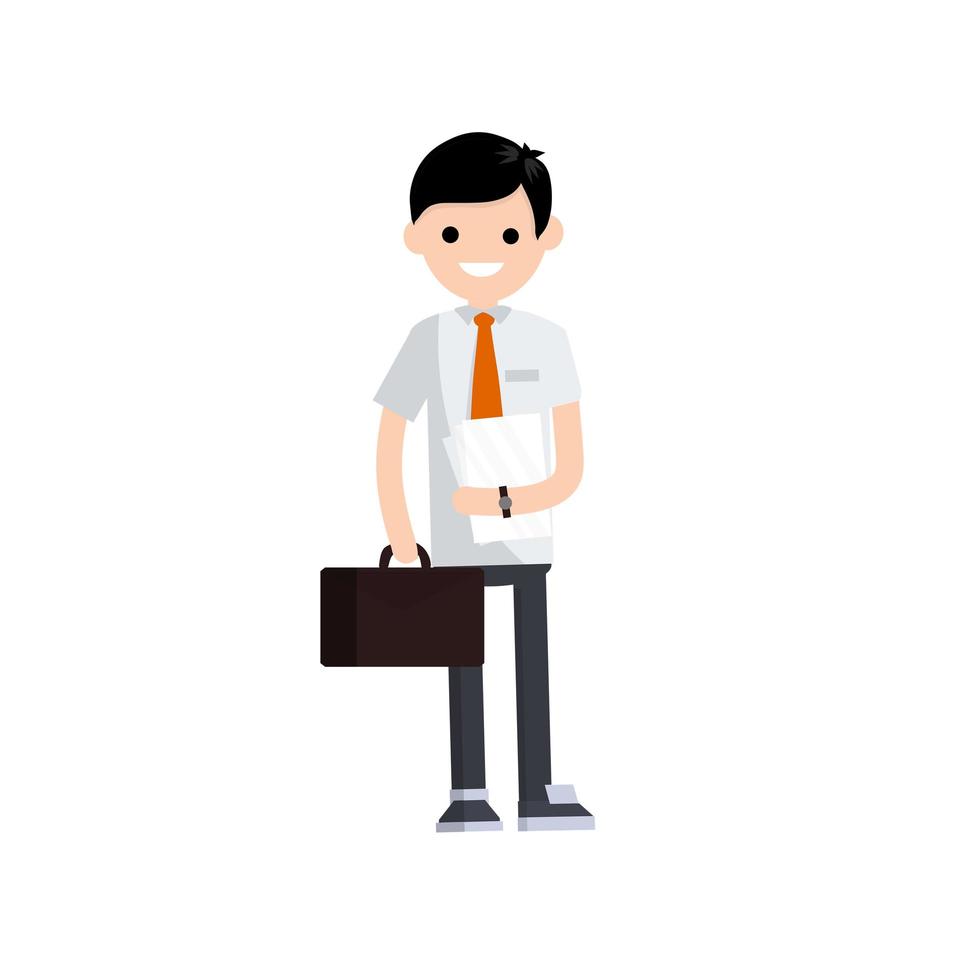 Man in a suit is holding a briefcase and launching a paper file document. vector
