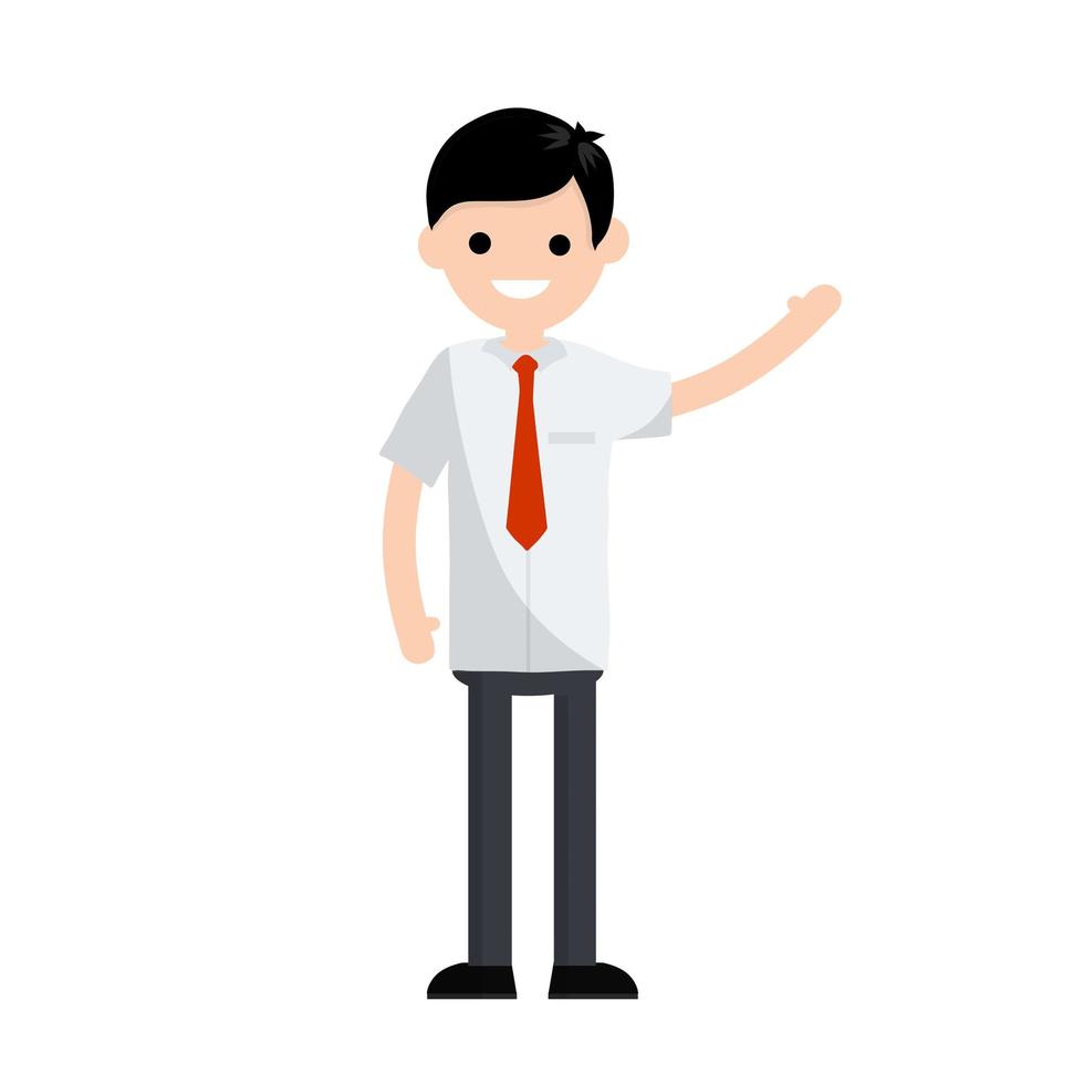 joven oficinista con camisa blanca y corbata roja saludando con la mano. vector