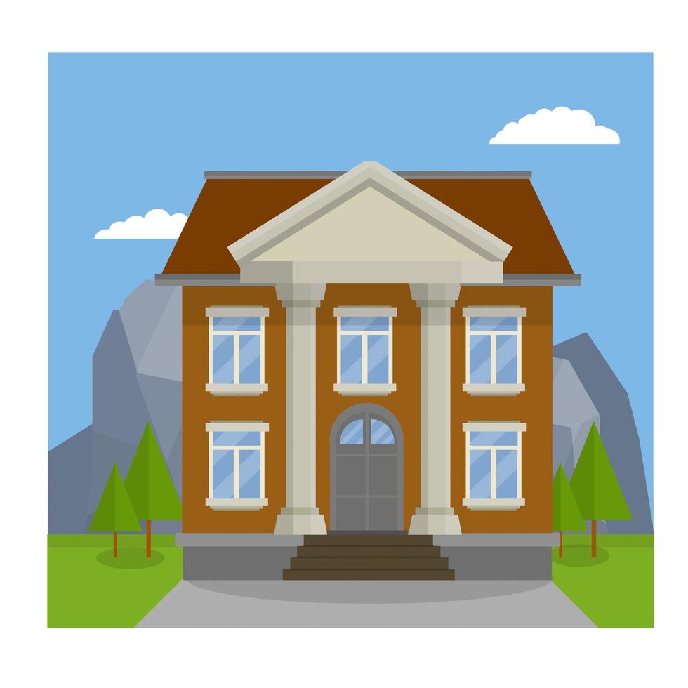 University building with white columns and brown walls. vector