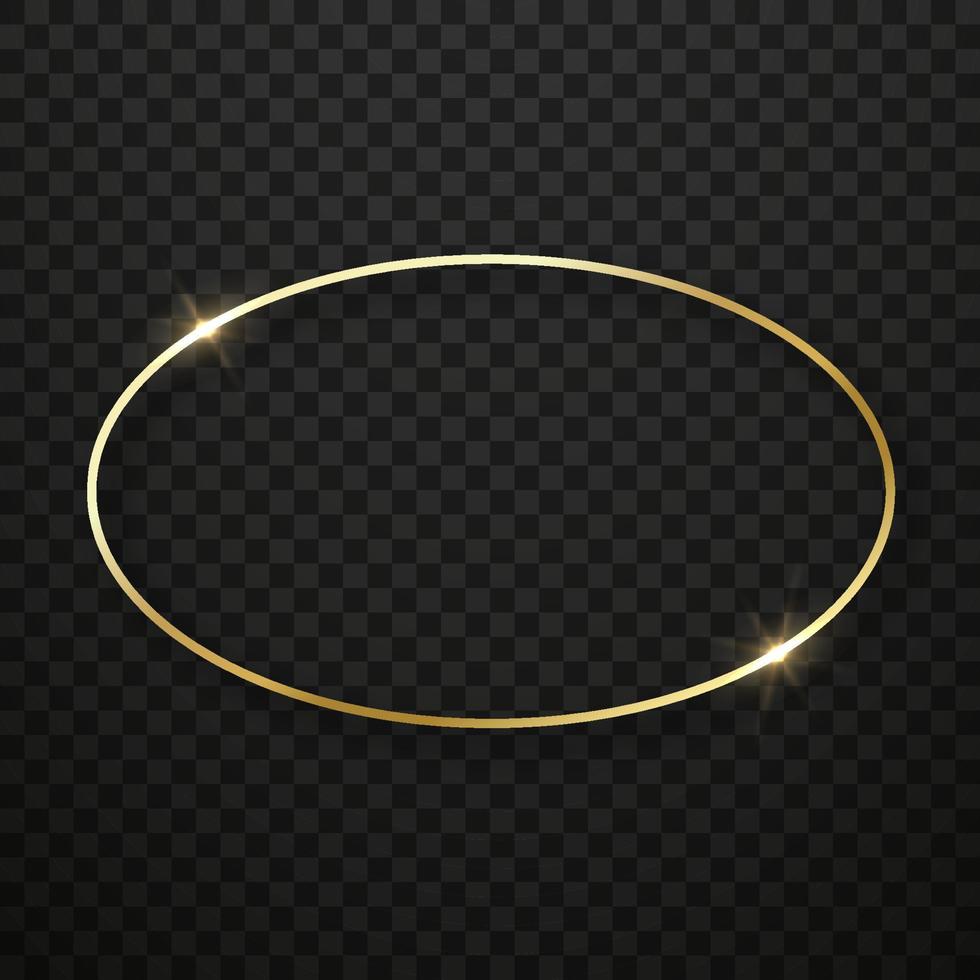 Realistic Golden Oval Frame with Sparkle Effect. Gold Shiny Ellipse Border on Black Transparent Background. Mockup of Glowing Frame. Light Christmas Decoration. Isolated Vector Illustration.