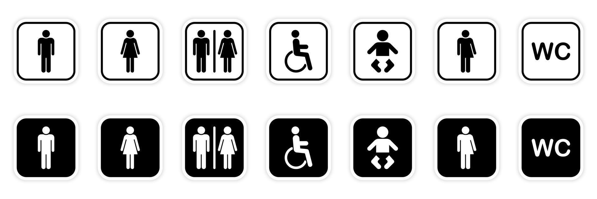 Set of Toilet Silhouette Icon. Sign of Washroom for Male, Female, Transgender, Disabled. WC Sign on Door for Public Toilet. Collection of Symbols Restroom. Mother and Baby Room. Vector Illustration.