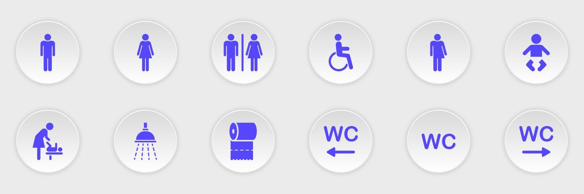 Set of Toilet Silhouette Icon. WC Sign on Door for Public Toilet. Sign of Washroom for Male, Female and Children. Mother and Baby Room Icon. Symbols Restroom. Vector Illustration.