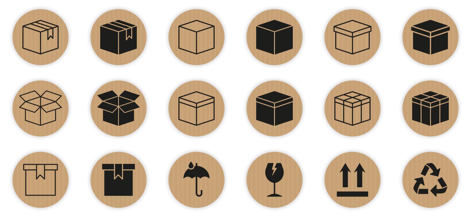 Cajas de paquetería abiertas y cerradas. paquete con símbolo de reciclaje, vidrio, icono frágil. conjunto de iconos de línea y silueta de cajas de cartón. ilustración vectorial aislada. vector