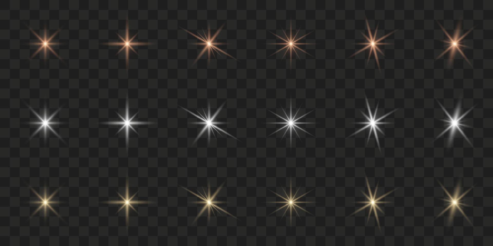Light Flare Sparkle on Transparent Background. Glow Star Shine Effect. Bright Flash Glitter Set. Glare Shiny Sparkle. Flare Gold Star. Shine Burst. Isolated Vector Illustration.