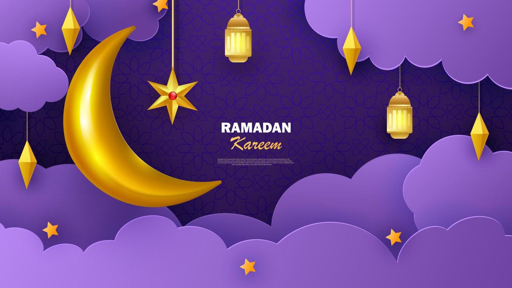 Ramadan Kareem horizontal banner with 3d arabesque stars and flowers. Vector illustration. Greeting card, poster and voucher. Islamic crescent moon with hanging traditional lanterns in the clouds