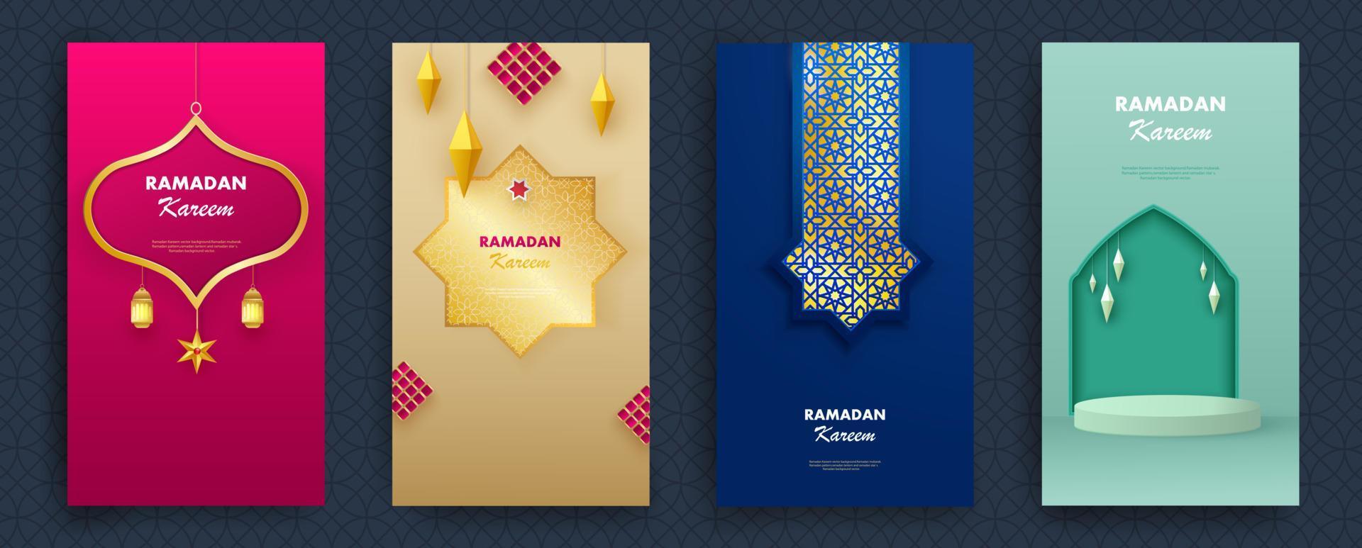 Ramadan Kareem set of posters or invitations with 3d paper cut islamic lanterns, stars and moon on blue and light background. Vector