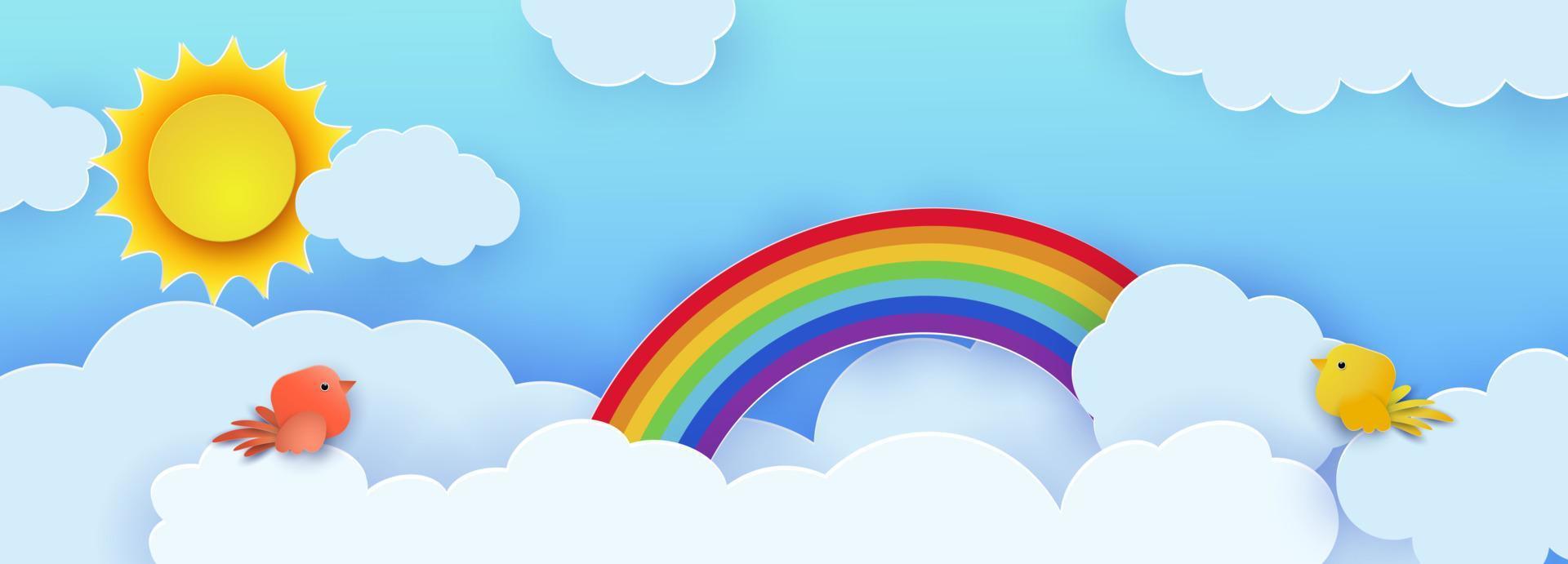 Beautiful fluffy clouds against a blue sky with the summer sun, birds and a rainbow. Vector illustration. Paper cut style. Place for text