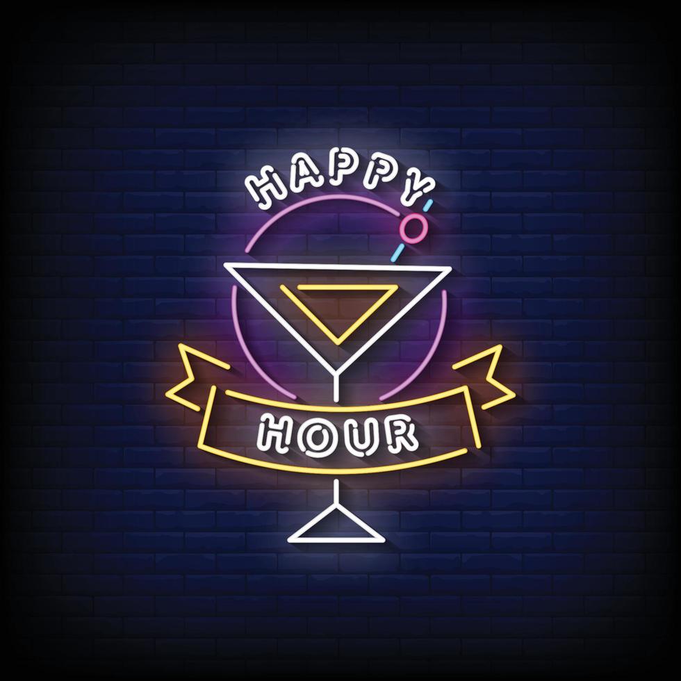 Happy Hour Neon Signs Style Text Vector