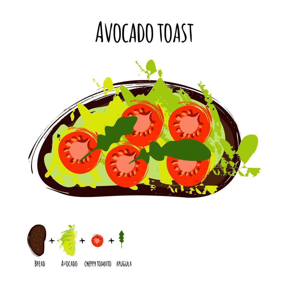 Vector illustration avocado hummus toasts with tomatoes Isolated.