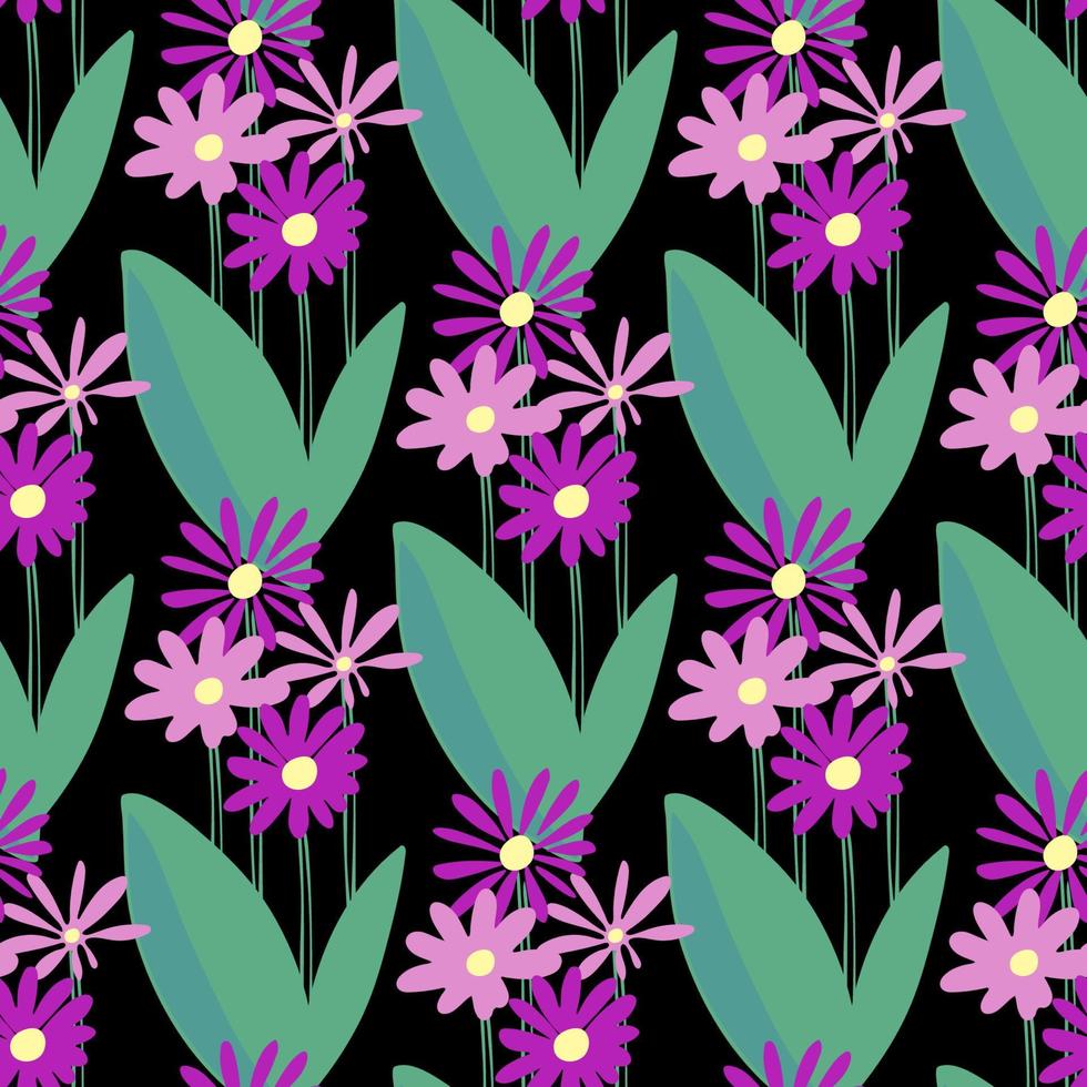 Vector seamless pattern with flowers violet color on black background