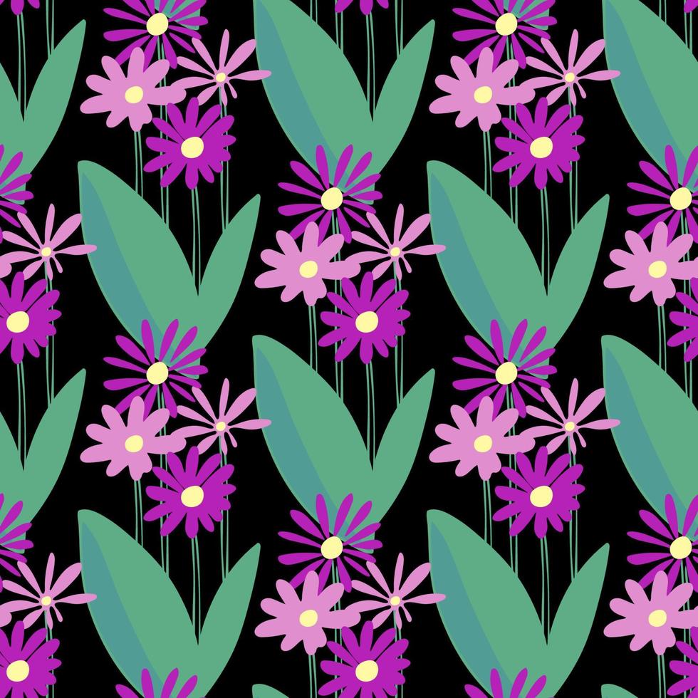 Vector seamless pattern with flowers violet color on black background