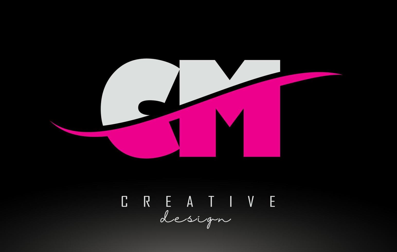 cm cm logotipo de letras en blanco y rosa con swoosh. vector