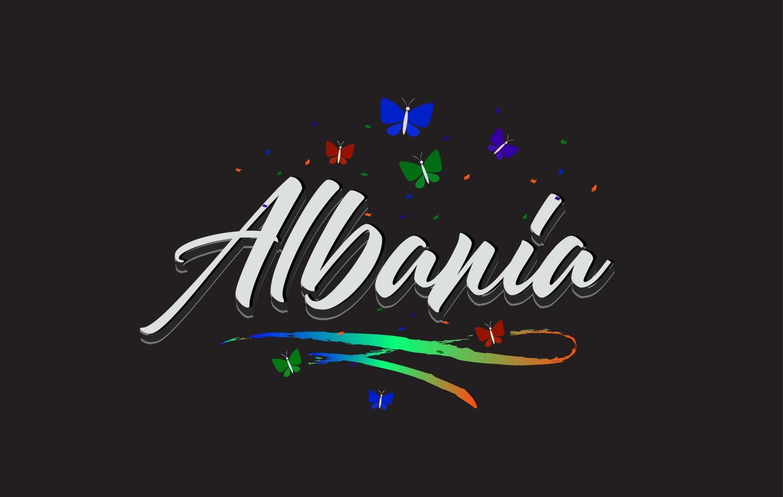 White Albania Handwritten Vector Word Text with Butterflies and Colorful Swoosh.