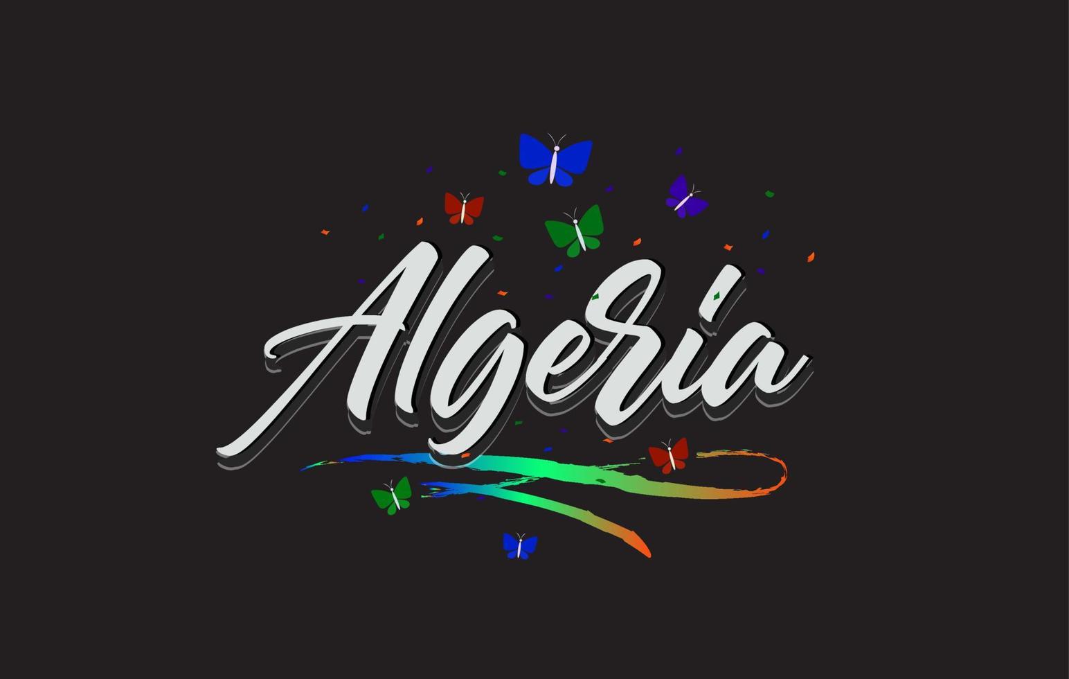 White Algeria Handwritten Vector Word Text with Butterflies and Colorful Swoosh.