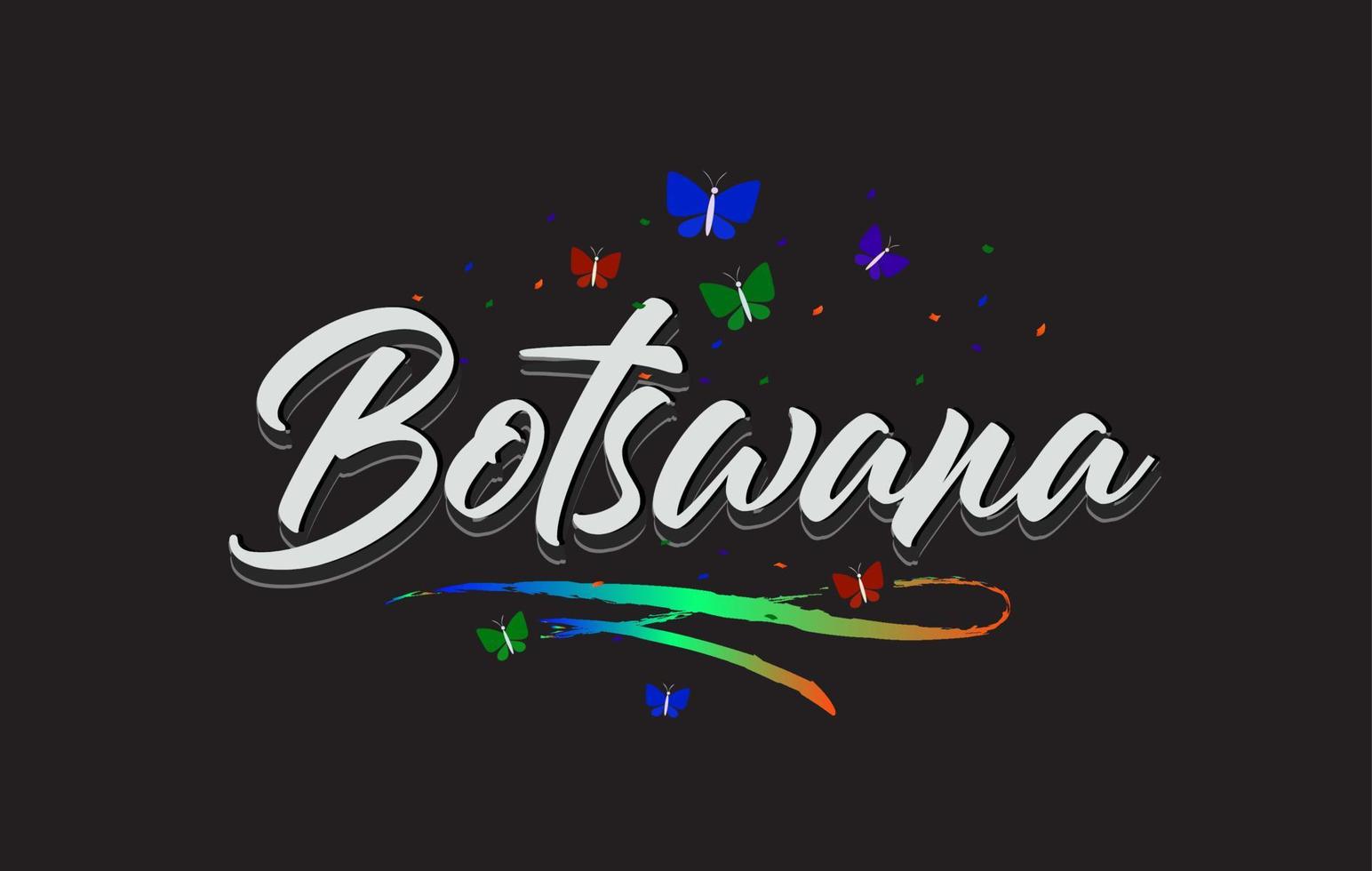 texto de palabra vectorial manuscrita de botswana blanco con mariposas y swoosh colorido. vector