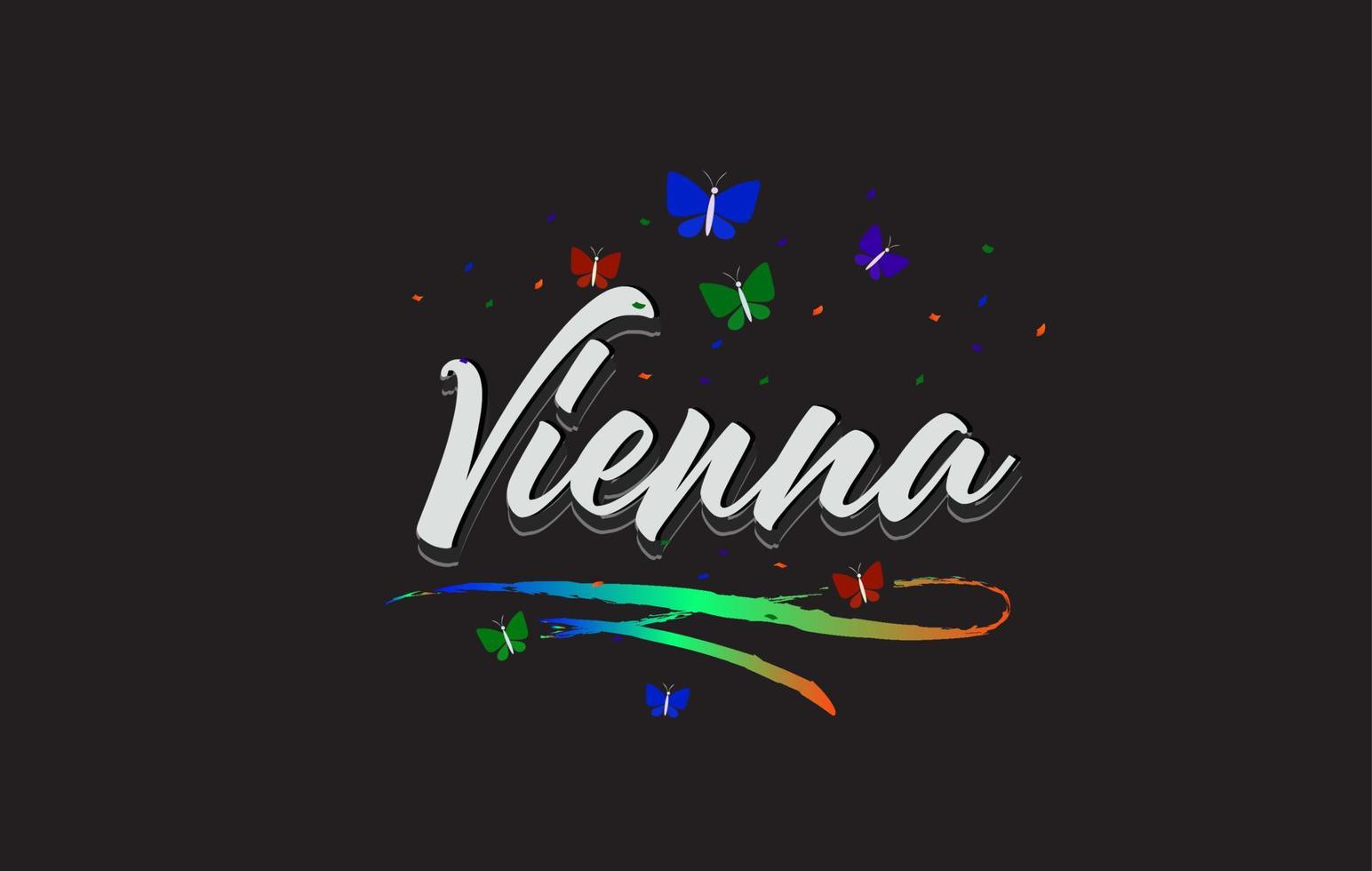 White Vienna Handwritten Vector Word Text with Butterflies and Colorful Swoosh.