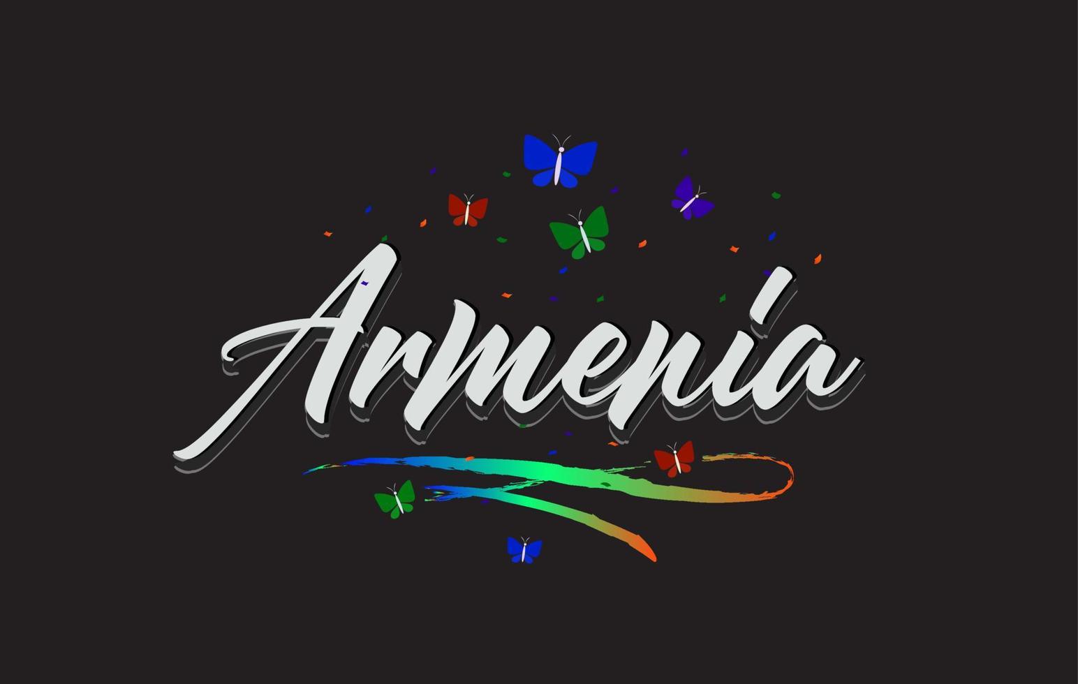 White Armenia Handwritten Vector Word Text with Butterflies and Colorful Swoosh.