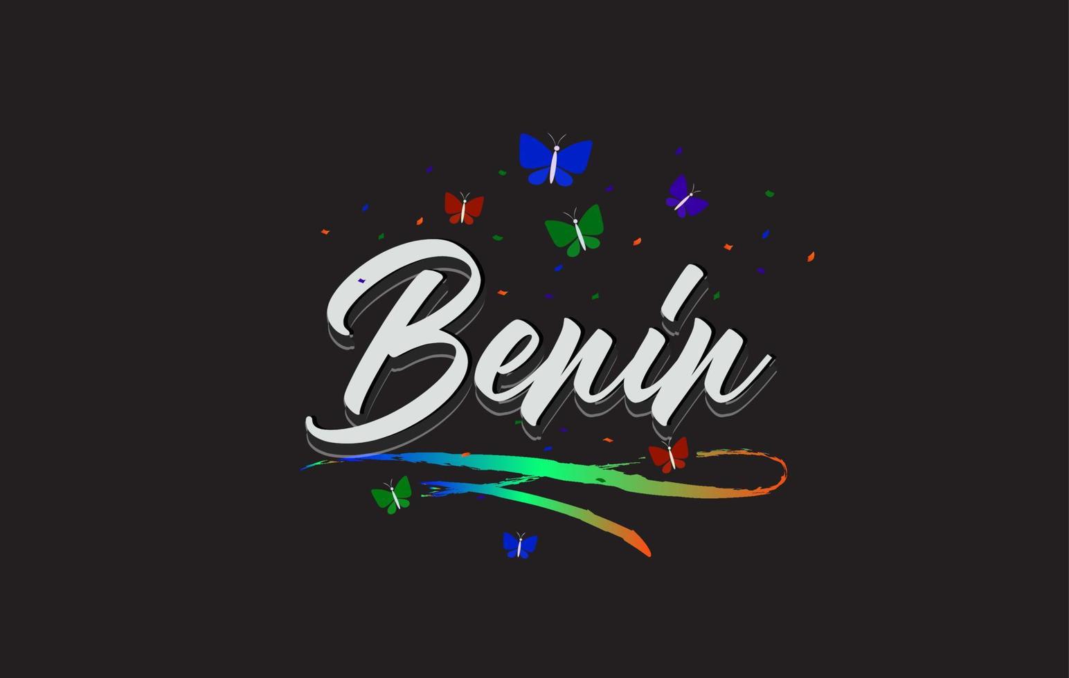 White Benin Handwritten Vector Word Text with Butterflies and Colorful Swoosh.