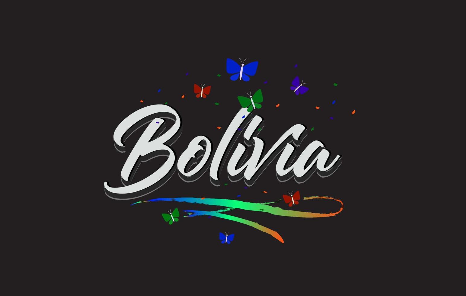 texto de palabra vectorial manuscrita bolivia blanca con mariposas y swoosh colorido. vector