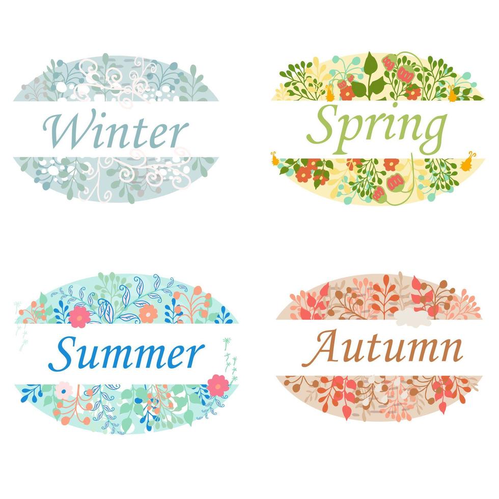 Set from four seasons of year, oval floral frames with text Winter, spring, summer, autumn in vector design. colors of seasons. Isolated on white background, graphic editable Illustration.