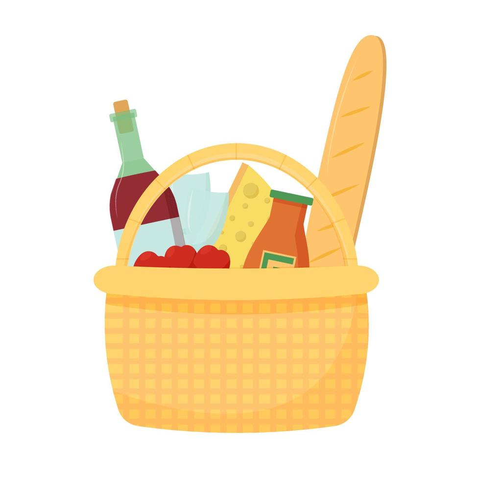 Basket for picnic with cheese, baguette, apples, bottle with wine. Enjoying summer, outdoor activity, romantic isolated on white background stock vector illustration. Vector illustration