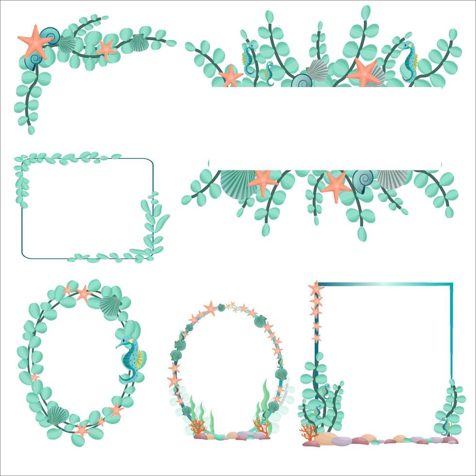 Set from six different various frames in marine, underwater style in vector design. Graphic colorful elegant composition. Isolated on white background. Decorated with seahorse, starfish, seashell.