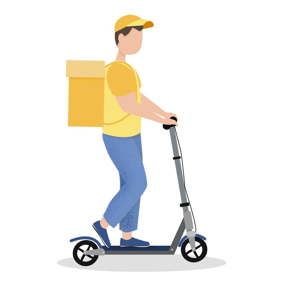 Courier riding on kick scooter in vector design isolated on white background. Detailed drawn, textured. Bright, colorful modern. Delivery service, eco style concept. Electric transport fast and safety