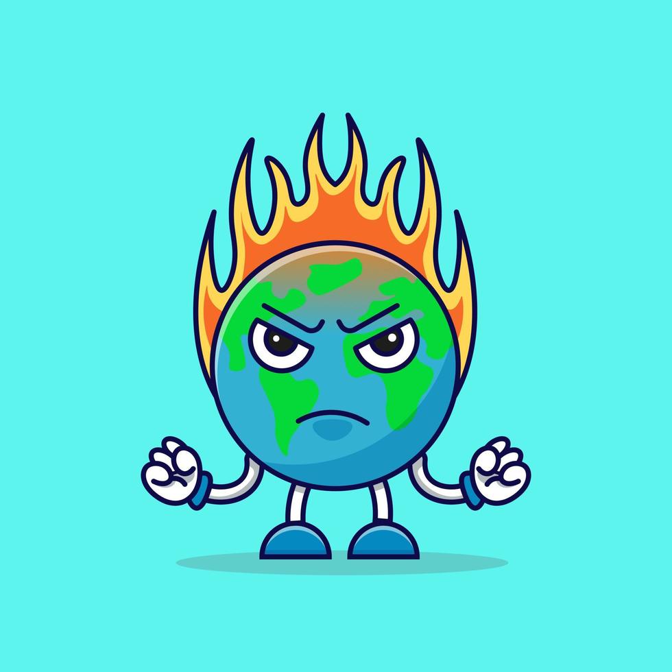 Angry planet earth maskot icon cartoon illustraion isolated object vector