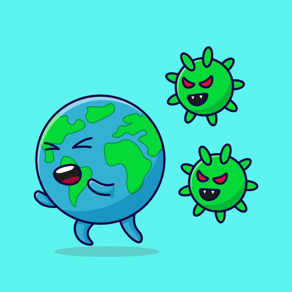 corriendo el planeta tierra perseguido por un icono de virus ilustración de dibujos animados objeto aislado vector